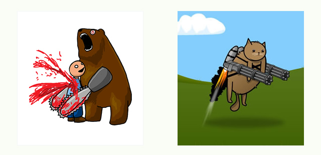 A comparison of chainsaw bear to gatling gun cat.